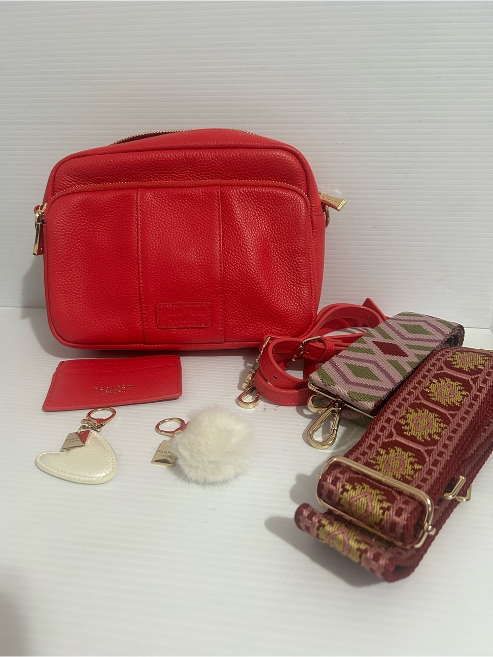 Pon pom London original plus leather crossbody bag raspberry with straps & acces